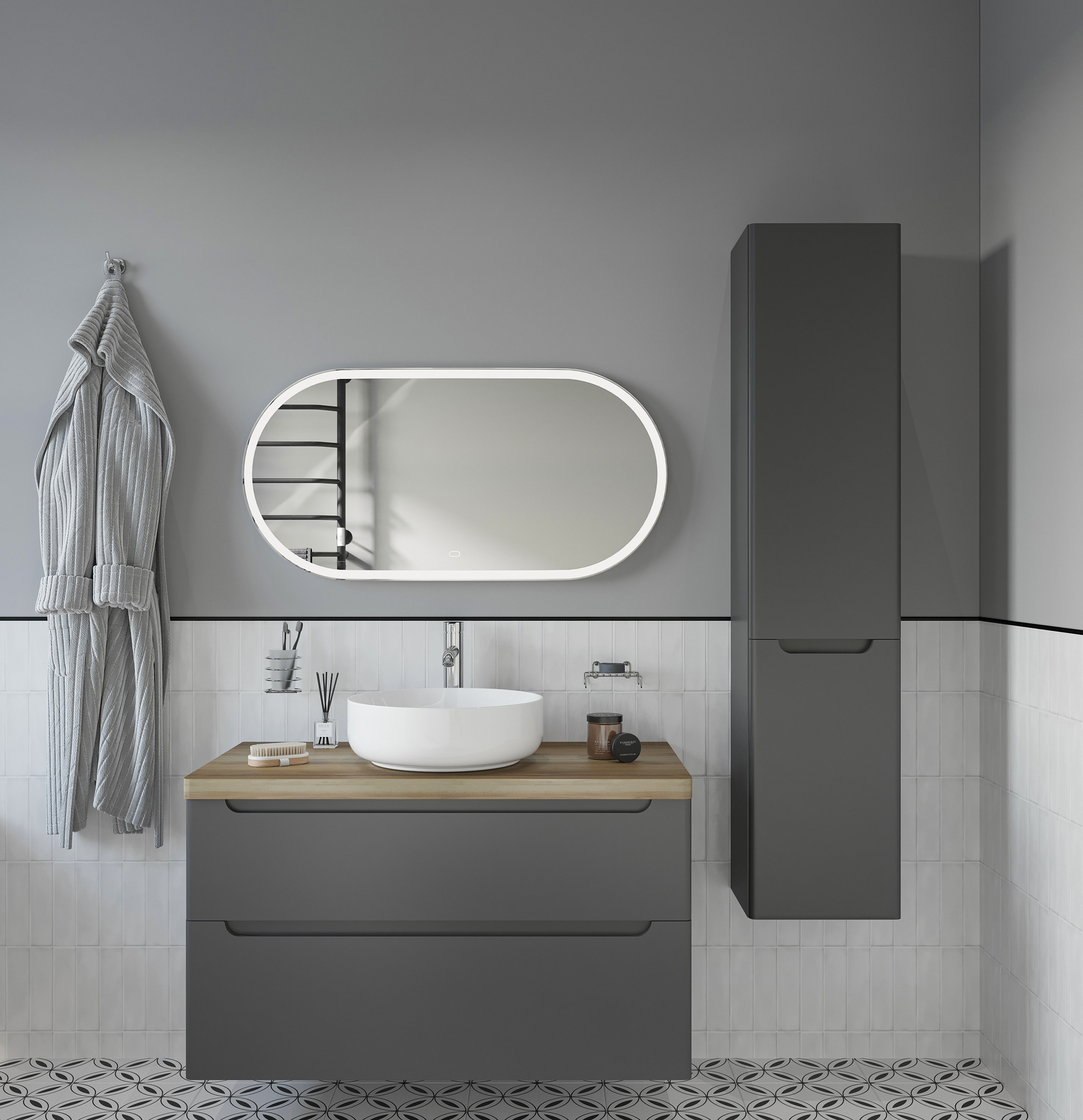 Тумба с раковиной STWORKI Берген 100 серая со светлой столешницей, Moon 1 купить в Тамбове