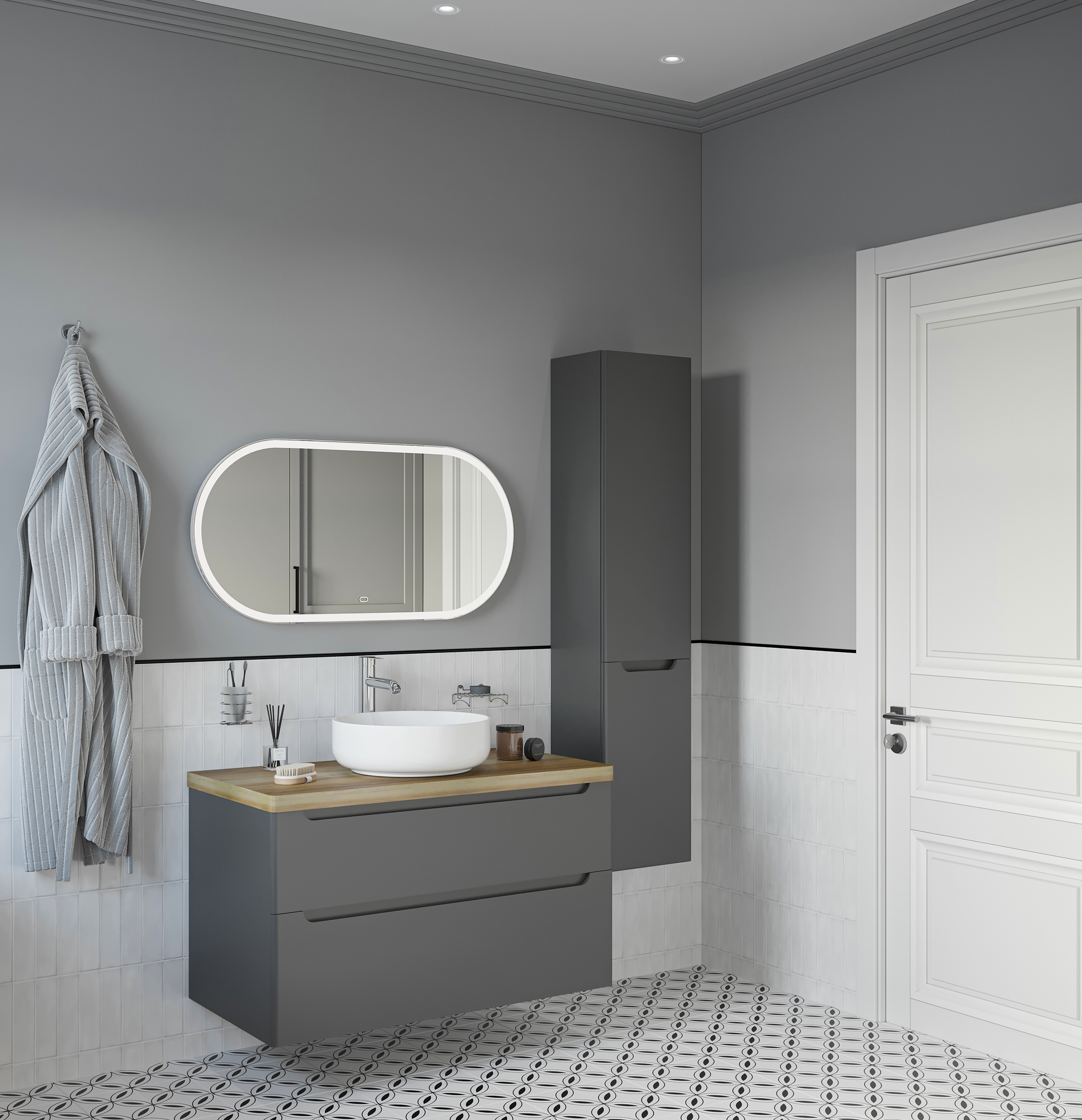 Тумба с раковиной STWORKI Берген 100 серая со светлой столешницей, Moon 1 купить в Тамбове