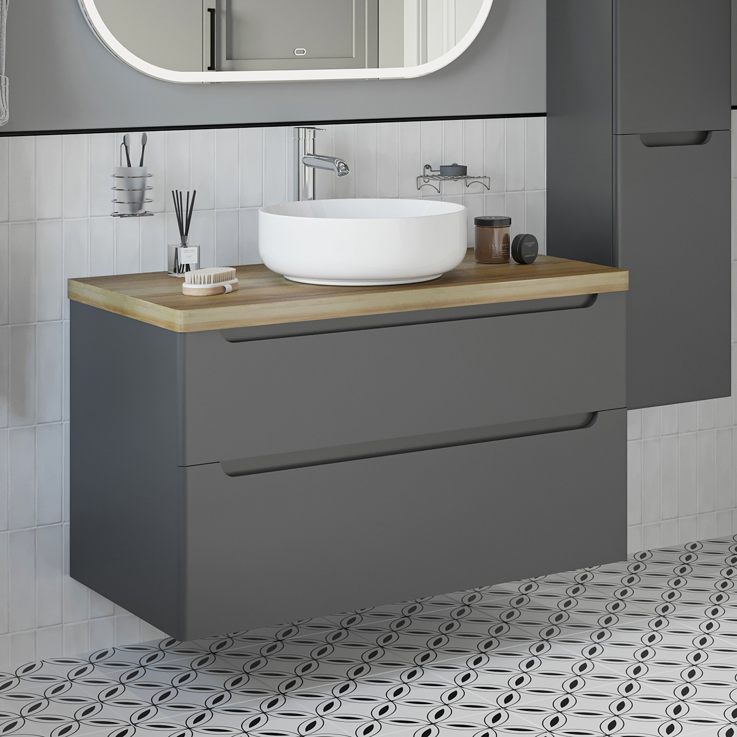 Тумба с раковиной STWORKI Берген 100 серая со светлой столешницей, Moon 1 купить в Тамбове