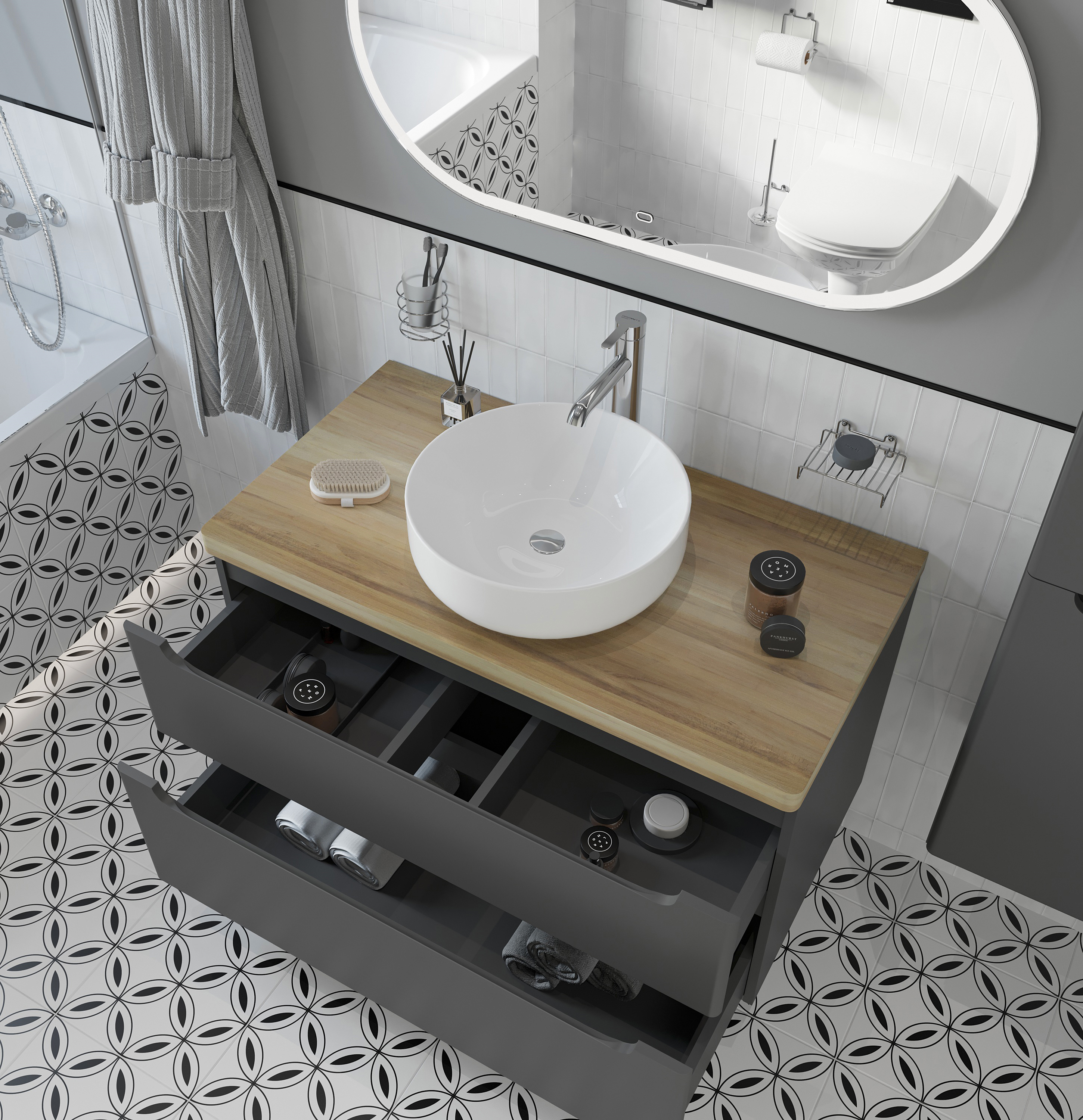 Тумба с раковиной STWORKI Берген 100 серая со светлой столешницей, Moon 1 купить в Тамбове