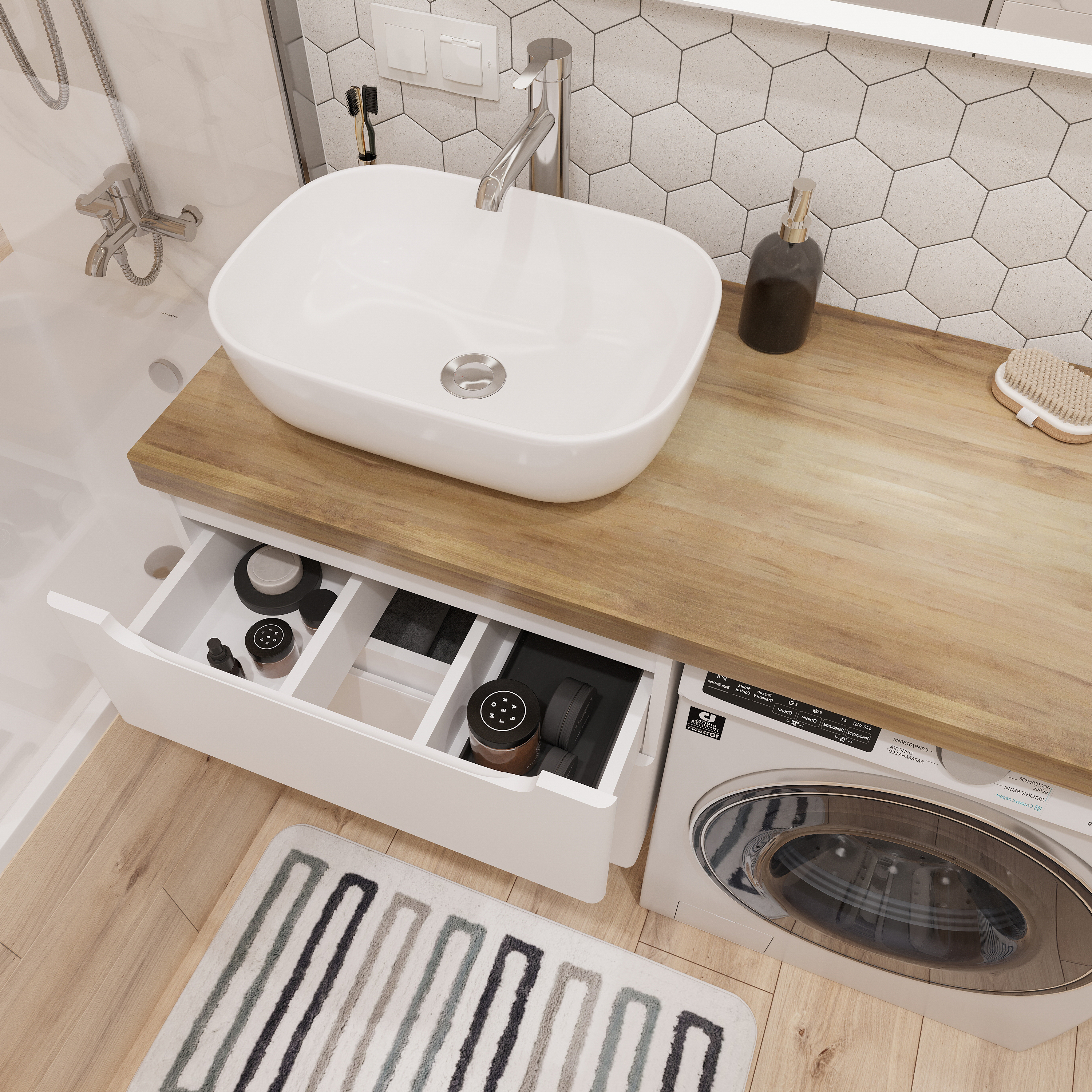 Тумба с раковиной STWORKI Берген 60 белая со светлой столешницей 122, Moduo 50 Square, R купить в Тамбове