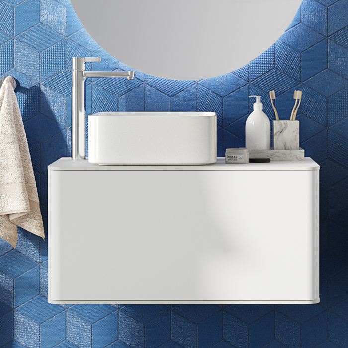 Тумба с раковиной STWORKI Ноттвиль 80 белая, с отверстием под смеситель, подвесная, с накладной раковиной-чашей