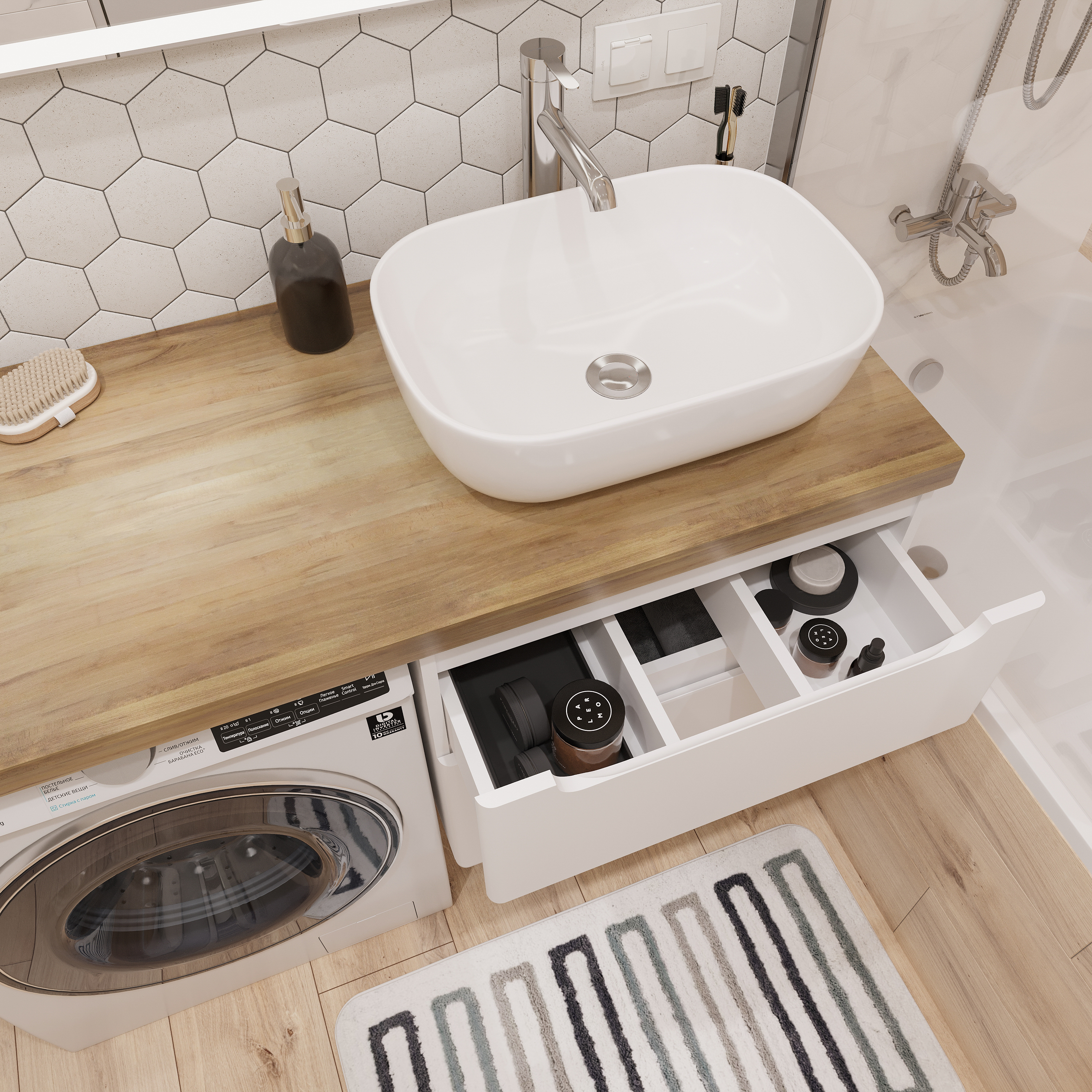 Тумба с раковиной STWORKI Берген 60 белая со светлой столешницей 122, Moduo 50 Square, L купить в Тамбове