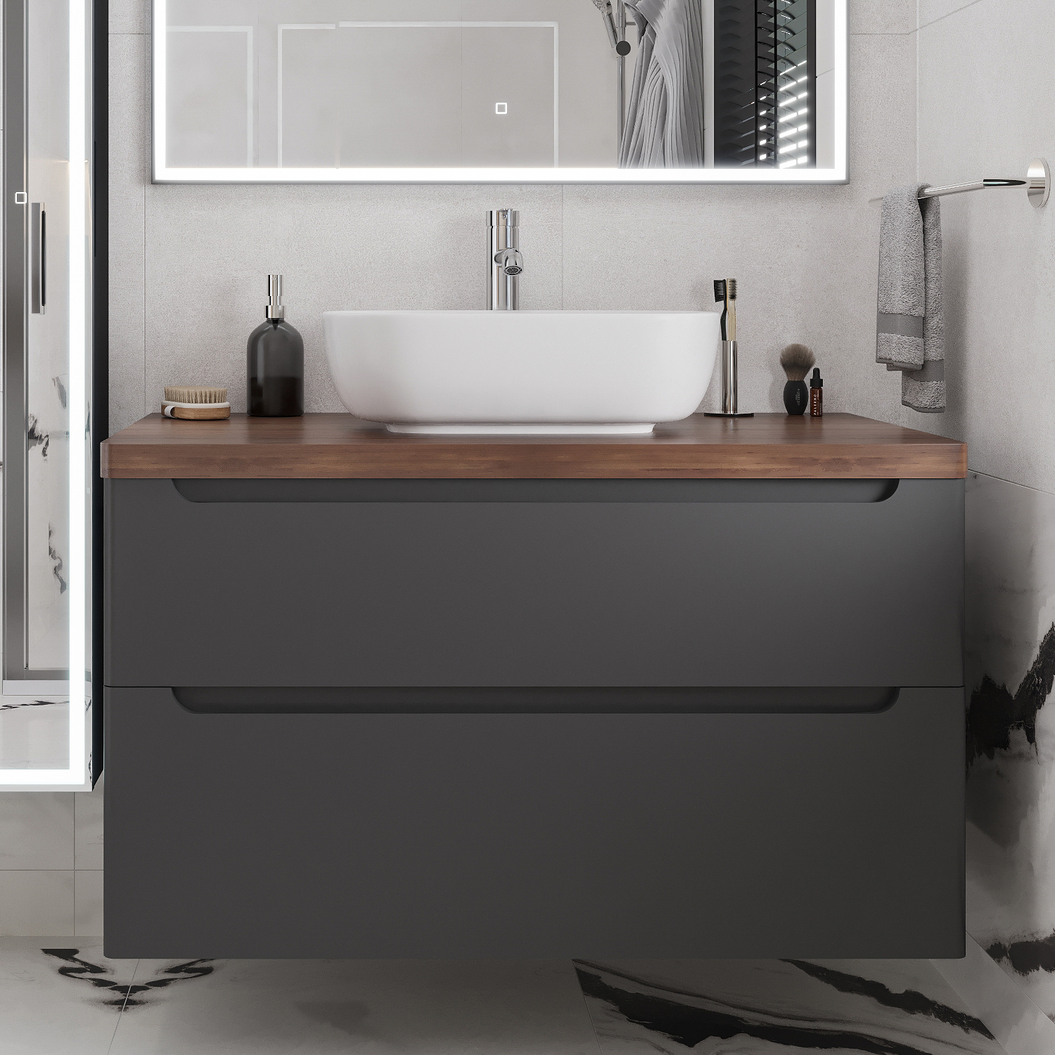 Тумба с раковиной STWORKI Берген 100 серая с темной столешницей, Moduo 50 Square