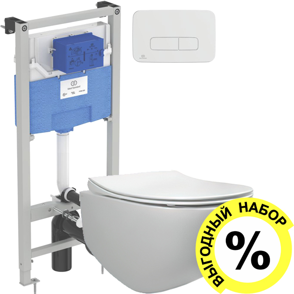 Комплект  Унитаз подвесной Pestan Fluenta Rimless 40006661 безободковый + Система инсталляции для унитазов Ideal Standard ProSys 120P R027767 + Кнопка