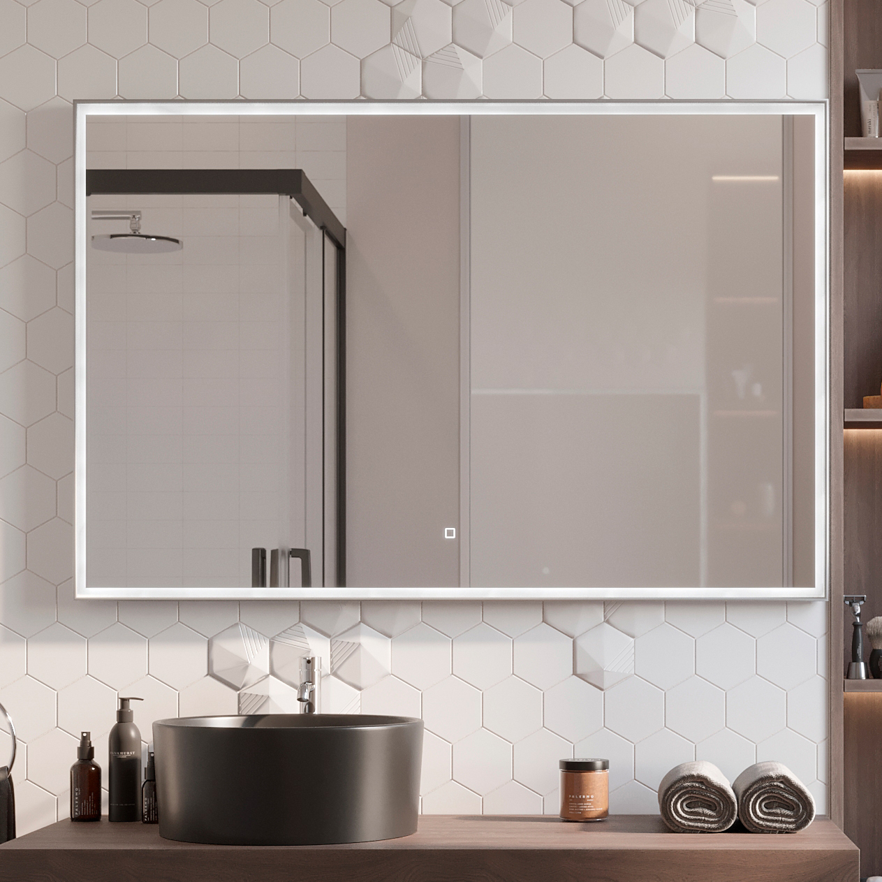 Зеркало STWORKI Ольборг 120 с подсветкой, сенсор на зеркале, серое, прямоугольное, большое, настенное