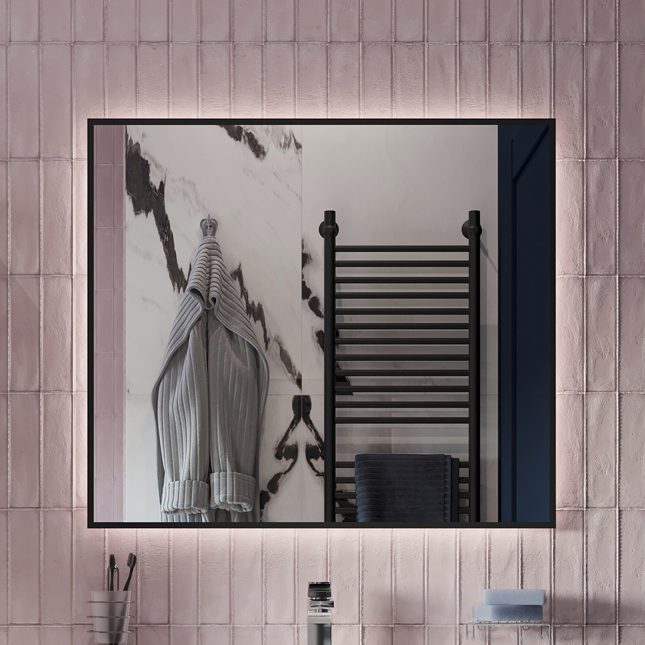 Зеркало DIWO Элиста 80x70 см, ореольная подсветка LED, бесконтактный выключатель, прямоугольное, черная окантовка